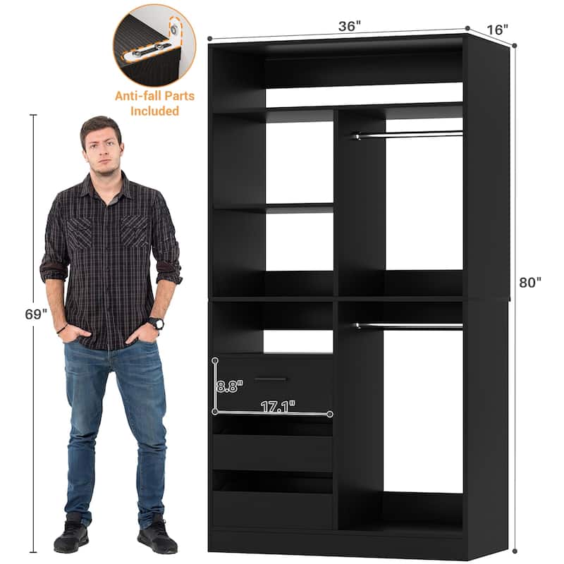 Qvella 72"-108" Closet System with Drawers and Hanging Rods,Freestanding Walk-in Closet Organizer System Wardrobe Closet Tower