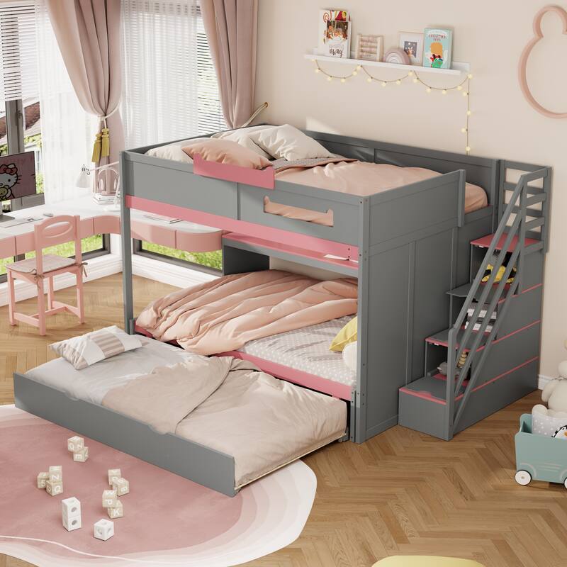 Full Over Full Bunk Bed with Twin Trundle, Staircase, Kids Loft Bed with Storage, LED Lighting, Space-Saving Wood Bed Frame - Gray