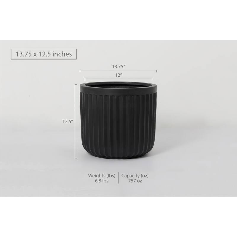 Indoor/Outdoor Large 1-Piece Minimalist Fiberstone Lightweight Short Round Planter Pot With Grooves - 16, 13, 11 in Matte Finish