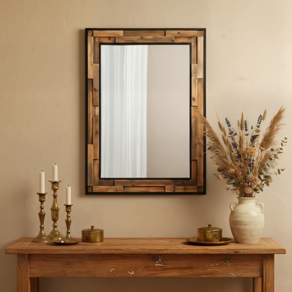 Rectangular wall-mounted mirror with a wood and metal frame, suitable for decorating living rooms and entryways