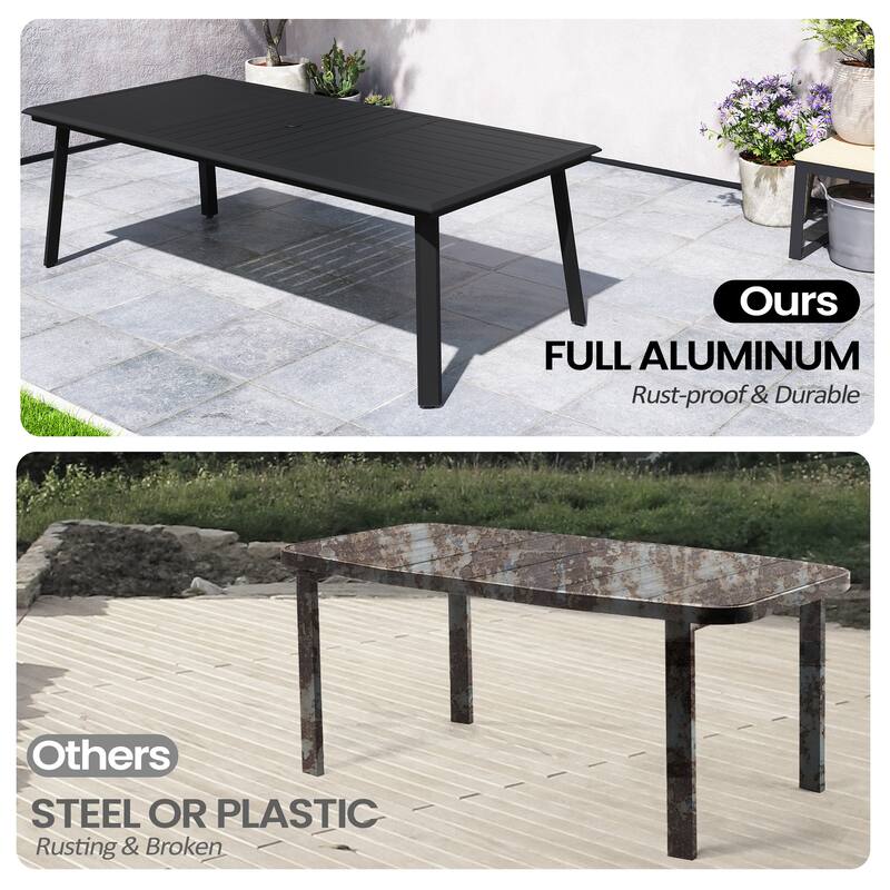 7/9/11 Piece Set Outdoor Aluminum Dining Table with Umbrella Hole for 6-10 Person and Stackable Dining Chairs