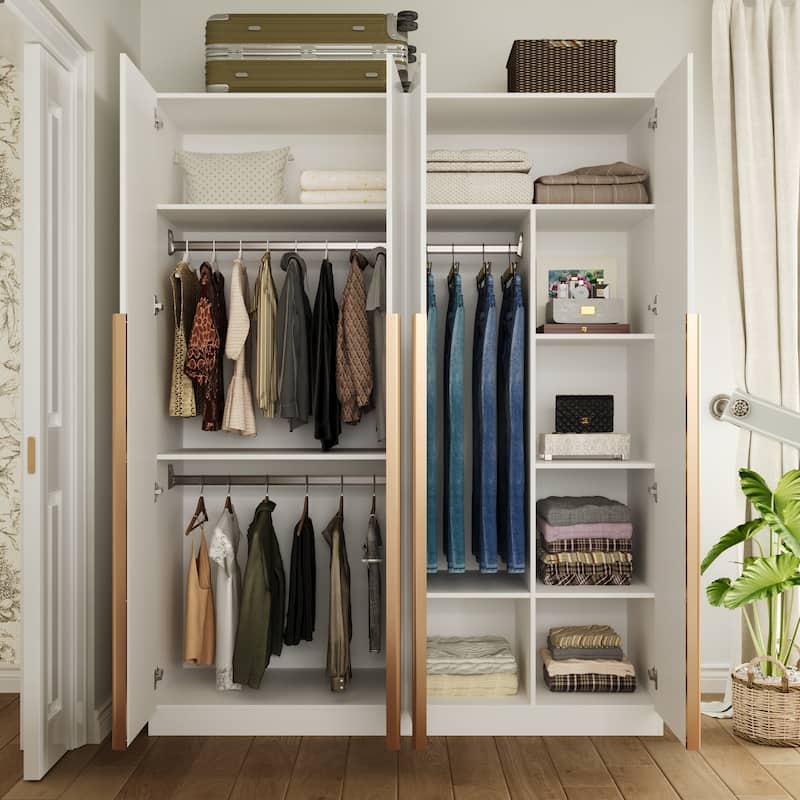 High Gloss Wardrobe with Shelves and Hanging Rods White 3 Door Closet Organizer