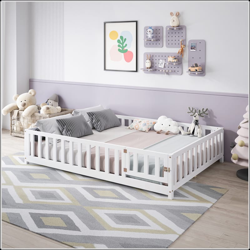 Full Size Floor Platform Bed with Fence and Door for Kids
