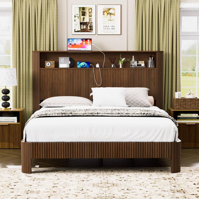 Platform Bed Frame, Wave-Shaped Modern Bed Frame with Storage Headboard, Charging Station, Heavy Duty Metal Slats, Noise-Free - Walnut - Queen
