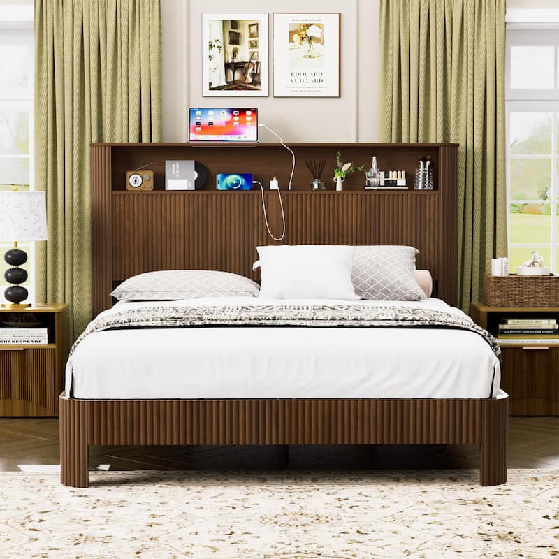 Queen Size Bed Frame With Storage Headboard, Built-In Charging Station, Wavy Curved Lines Design, Silent Operation