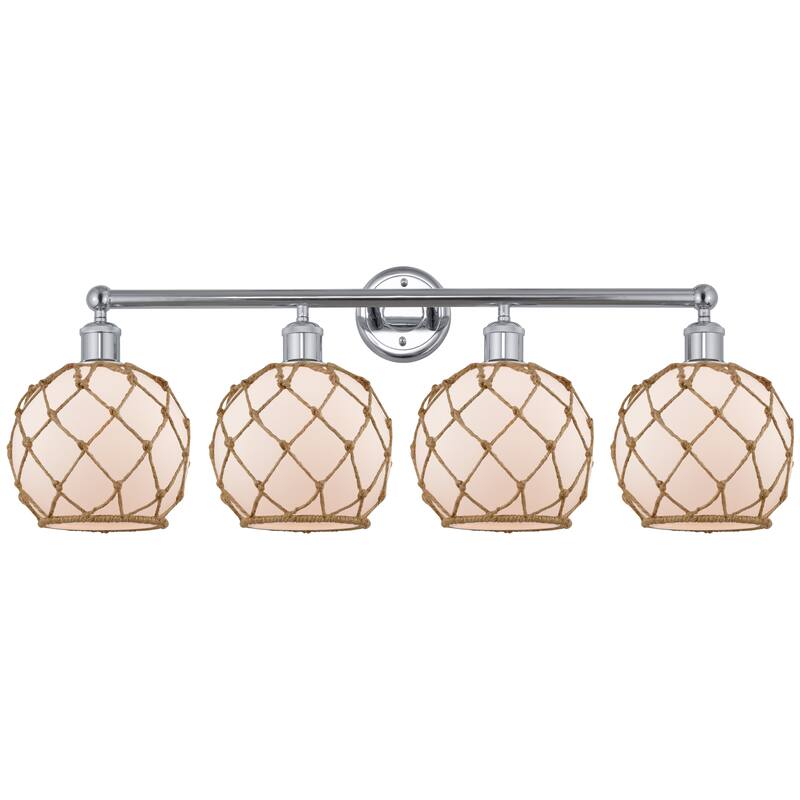 Innovations Lighting Endless Possibilities Edison - Farmhouse Rope - 4 Light 35" Bath Vanity Light - White Glass with Brown Rope/Polished Chrome