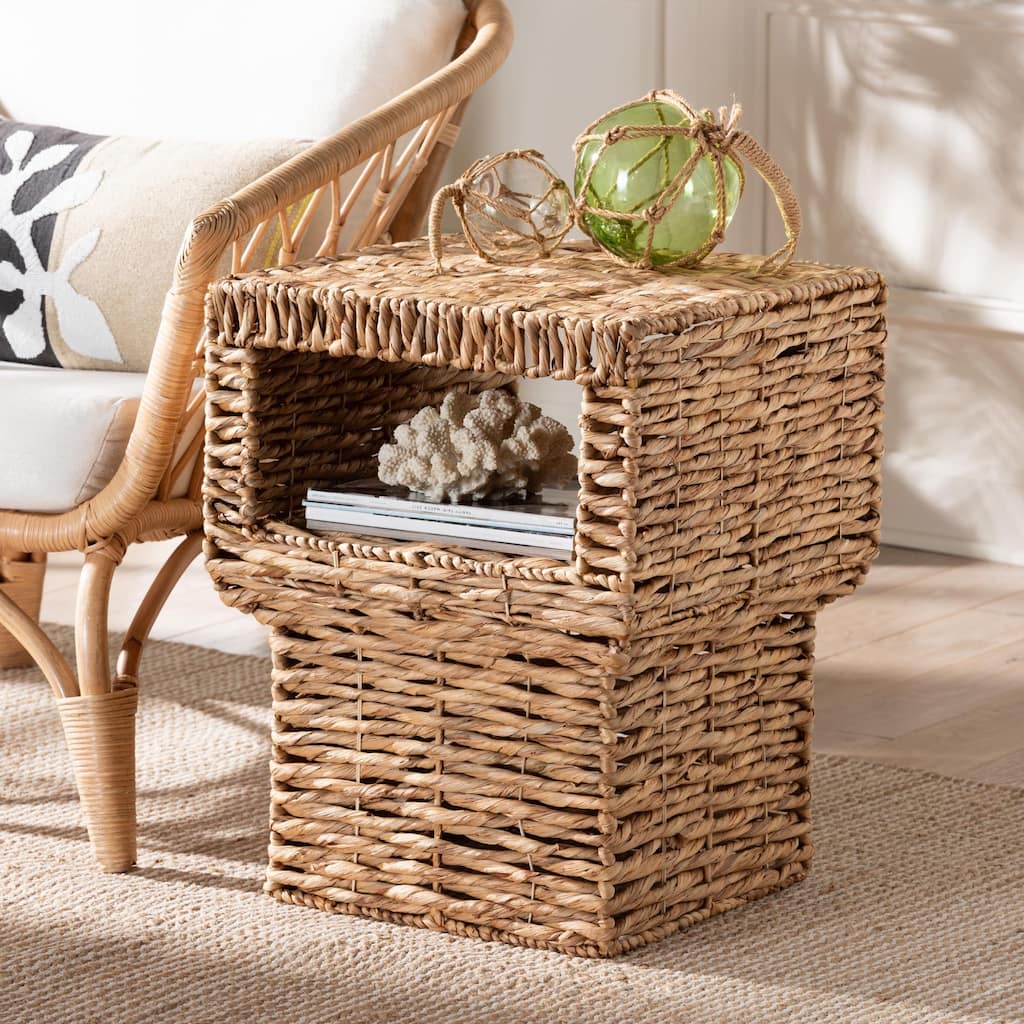 Raziel Modern Bohemian Natural Brown Seagrass and Wood End Table