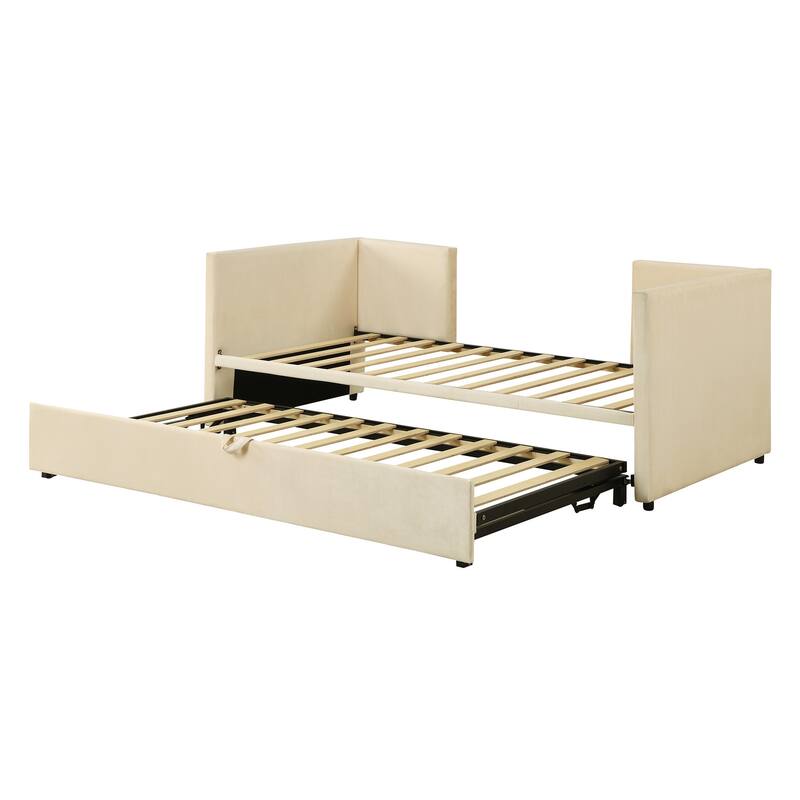 HomeRoots Beige Upholstered Twin Day Bed With Trundle