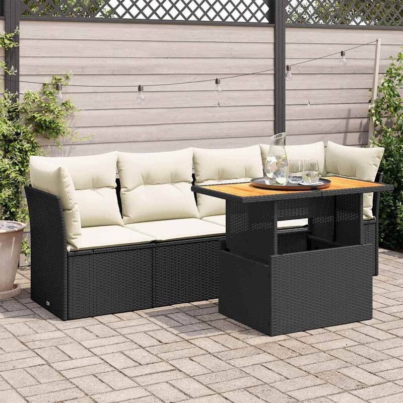 vidaXL Patio Sofa Set with Cushions Table and Modular Sofas 5 Piece Poly Rattan - 21.7 x 39.4 x 28.7 - Black and cream with storage