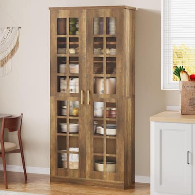 8 Tier Tall Modern Bookcase with Acrylic Doors, Adjustable Shelves
