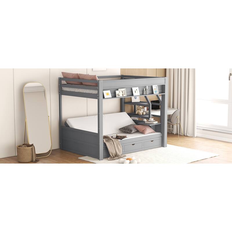 Roomfitters Full Size Convertible Bunk Bed with Storage Staircase and Bedside Table, Gray