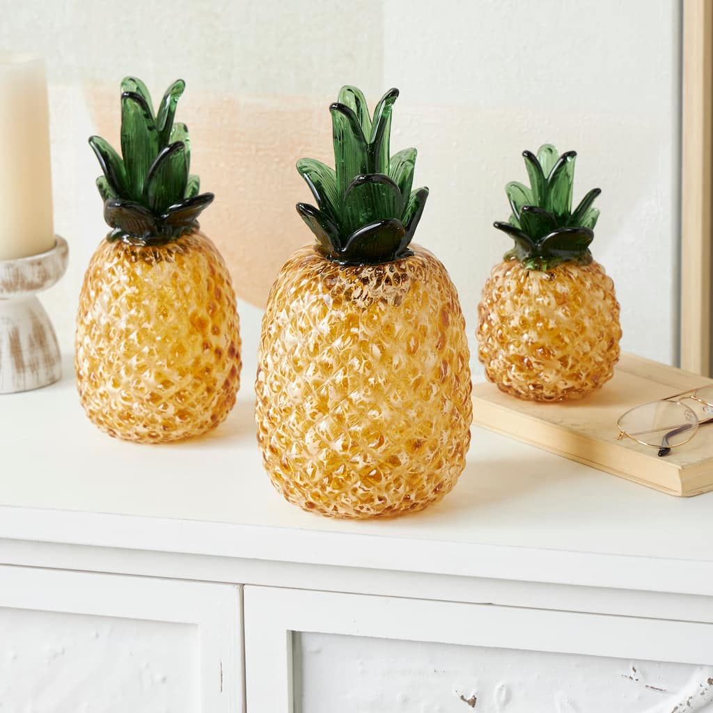 Orange Glass Faceted Pineapple Fruit Decorative Sculpture (Set of 3)