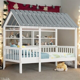 Wood Twin Size House Bed with Roof, Guardrail, and Shelves in White