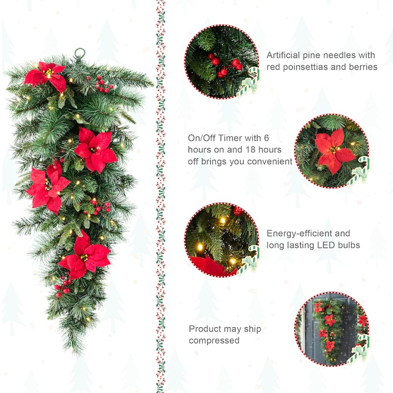Glitzhome 4ft/5ft Pre-Lit Pine Artificial Christmas Potted Porch Trees with Warm White Lights and Poinsettia