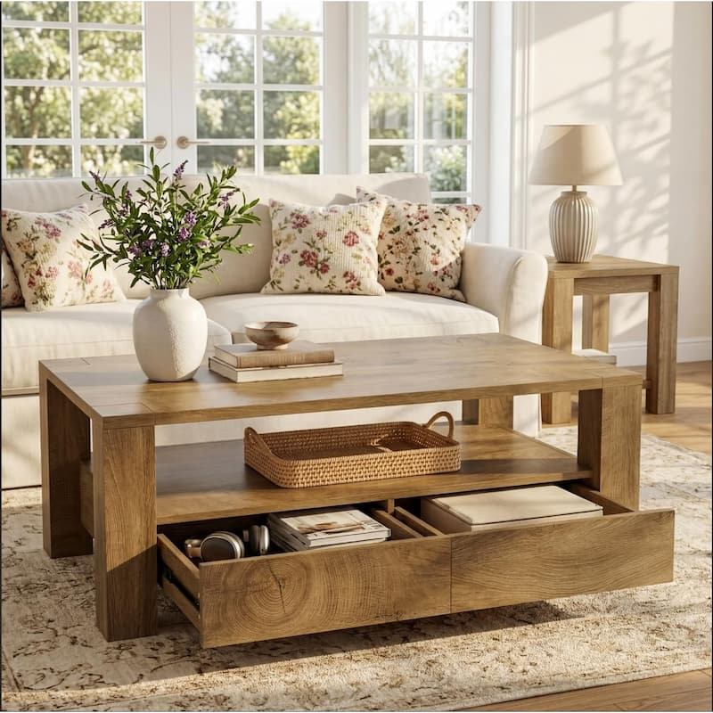 47" Large Farmhouse Coffee Table with Storage, Rectangle Coffee Table with 2 Drawers & Open Shelf - Rustic Brown
