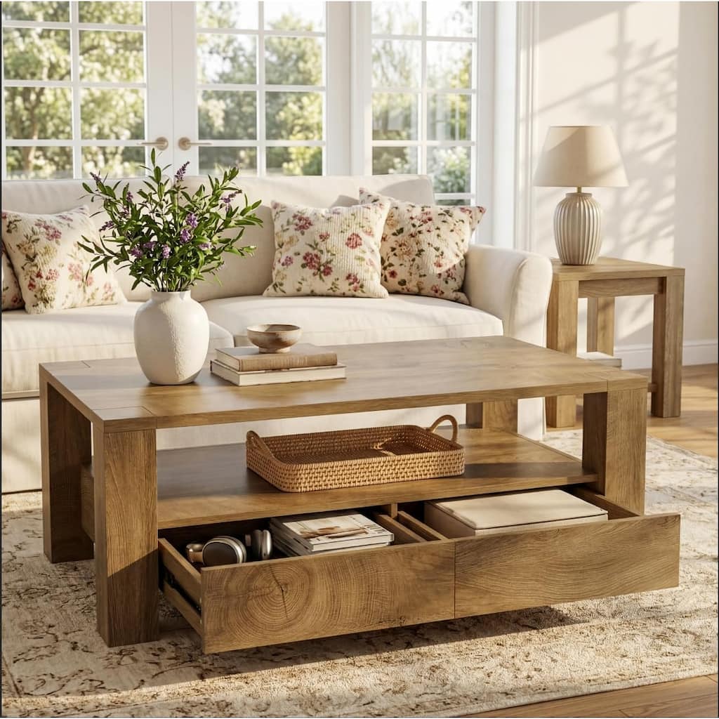 47" Large Farmhouse Coffee Table with Storage, Rectangle Coffee Table with 2 Drawers & Open Shelf