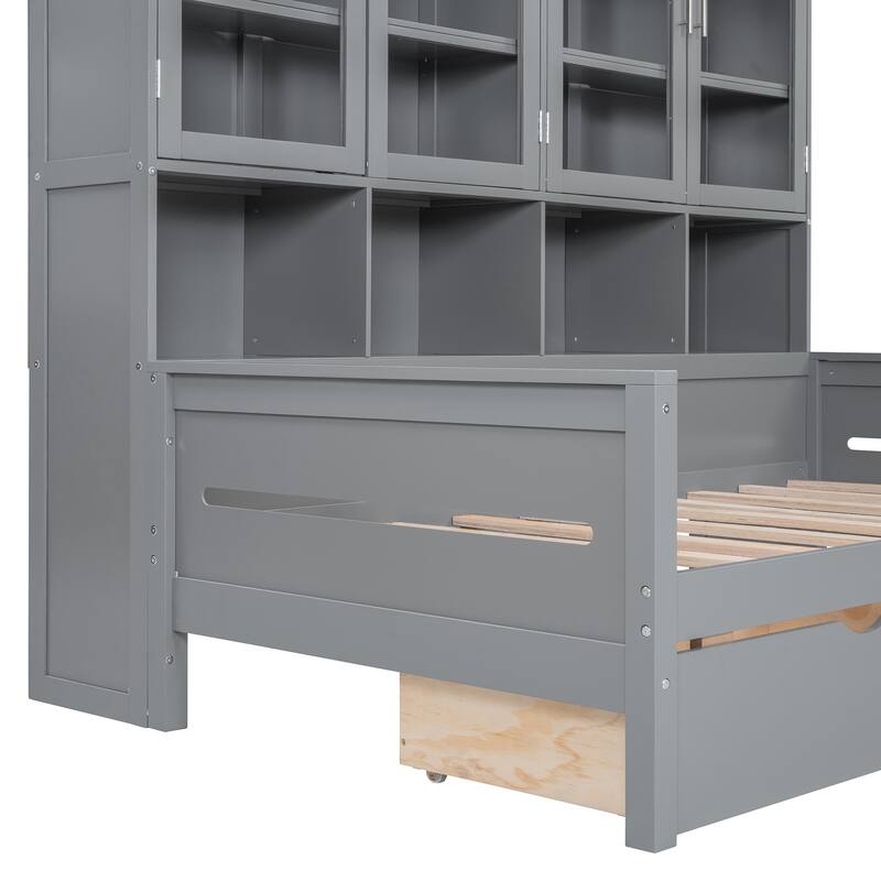 Twin Size Wooden Daybed with Glass-Door Storage, LED Lighting, and Shelves, Gray