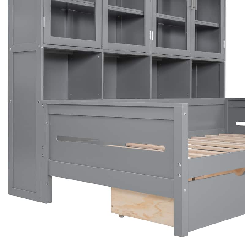 Twin Size Wooden Daybed with Glass-Door Storage Cabinets, Built-in LED Lighting and Shelves