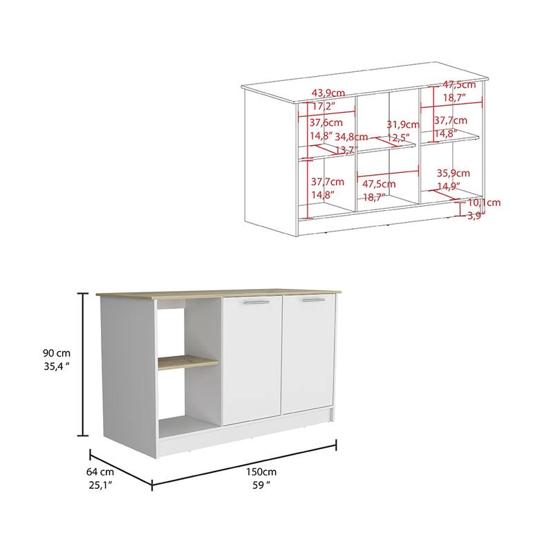 59-Inch Kitchen Island with Double Door Cabinets & Open Shelves, Light Oak/White Design