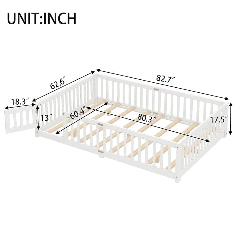 Montessori Toddler Floor Bed with Fence and Switchable Door, Low Profile Bed Frame with Removable Slats, Safe Transition Bed