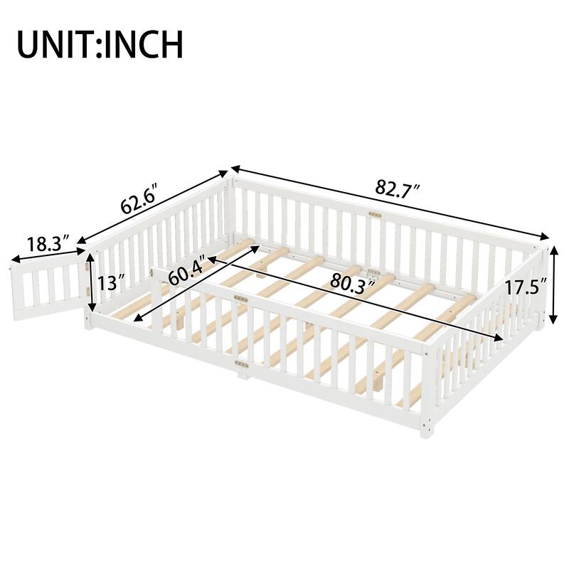 Queen Size Bed Floor Bed with Safety Guardrails and Door for Kids