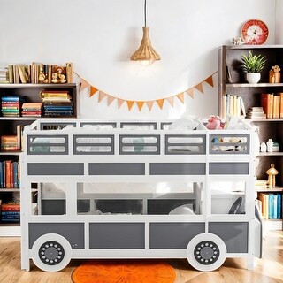 Twin Over Twin Bus-Shaped Upper And Lower Children'S Wear With Wheels And Storage Headboards