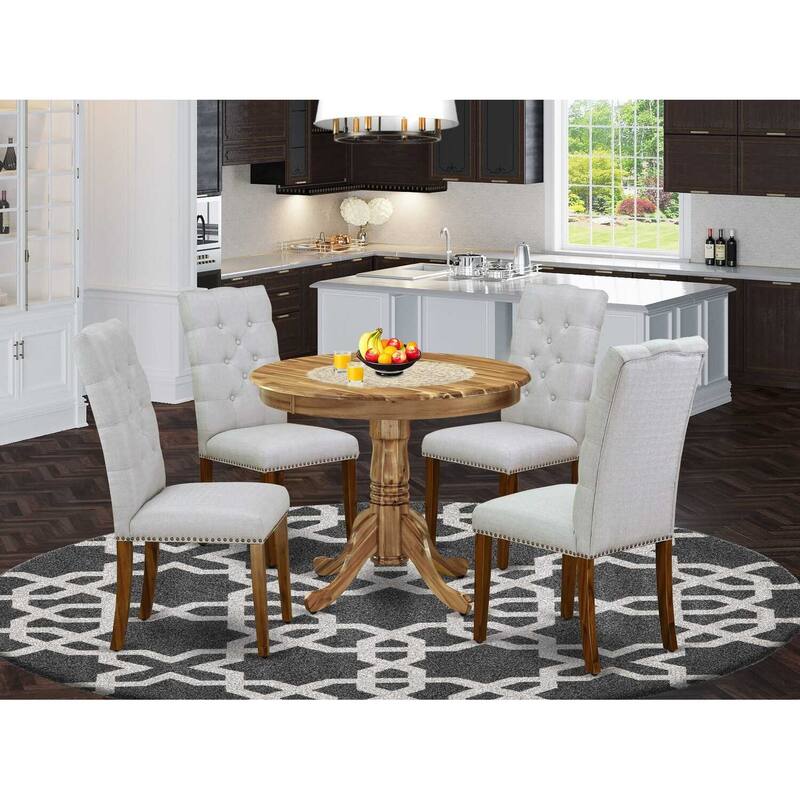 HomeStock 5-Piece Round Natural Oak Finish Solid Wood Top Dining Table with 4-Parson Chair with Lattice Back