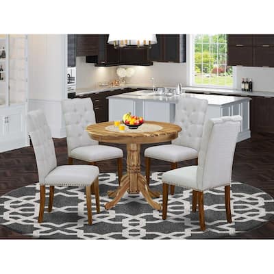 HomeStock 5-Piece Round Natural Oak Finish Solid Wood Top Dining Table with 4-Parson Chair with Lattice Back