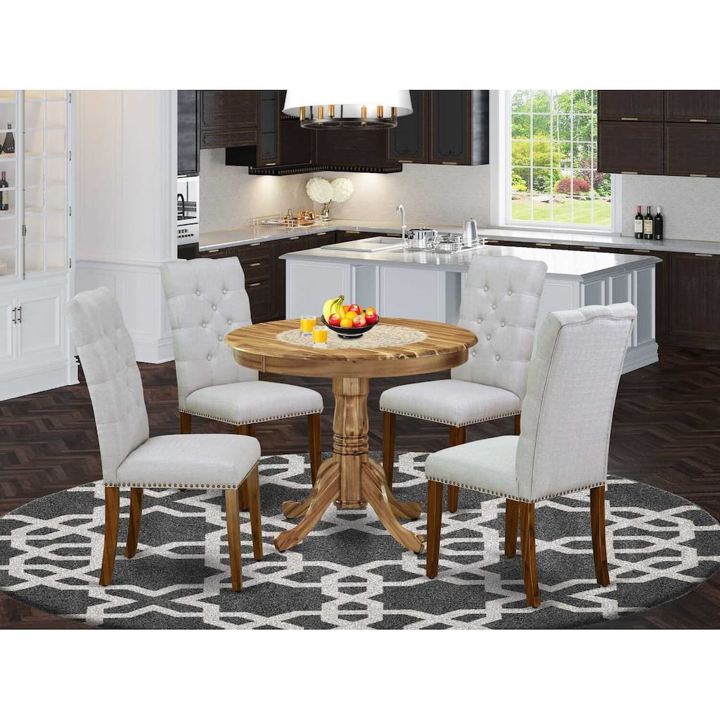 HomeStock 5-Piece Round Natural Oak Finish Solid Wood Top Dining Table with 4-Parson Chair with Lattice Back