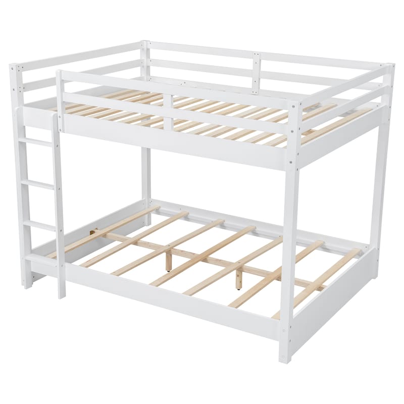 Wood Queen Size Bunk Bed with Ladder and Guardrails, No Box Spring Required