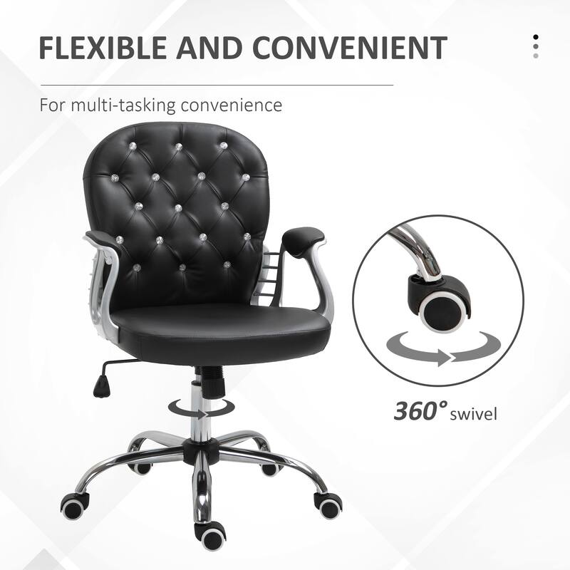PU Leather Home Office Chair Button Tufted Desk Chair with Padded Armrests Adjustable Height and Swivel Wheels, for Office