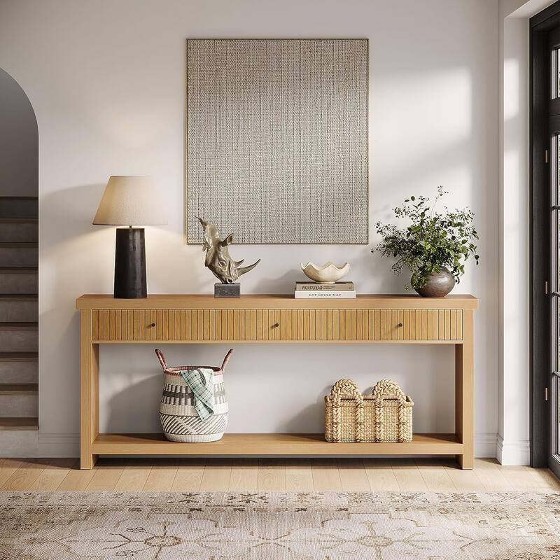 Extra Long Wood Console Table, Oak Sofa Entryway Table with 3 Drawers & Storage Shelves for Living Room, Hallway, Foyer