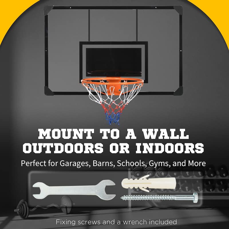 Wall Mounted Basketball Hoop with Shatterproof Backboard Steel Rim and Tear-Proof Net - 44.5" W x 24" D x 28.75" H