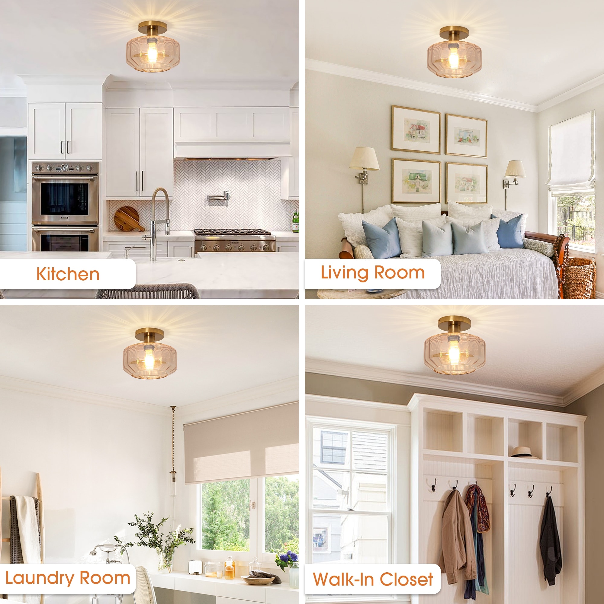 Vintage Amber Glass Semi Flush Mount Ceiling Light - D 8.7