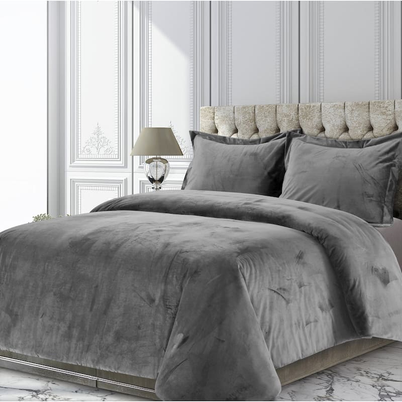 Venice Velvet Oversized Solid Duvet Cover Set - Queen - Smoke Grey