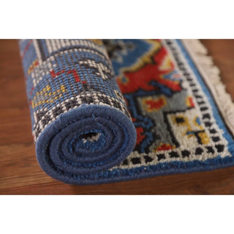 Blue Geometric Kazak Indian Rug Handmade Wool Carpet - 2'0"x 3'0"