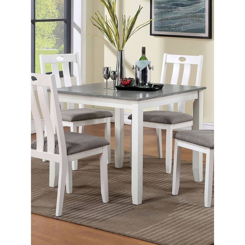 Modern White Solid wood 5pc Dining Set Table 4x Chairs Gray Fabric Cushions Seats Chairs Dining Room
