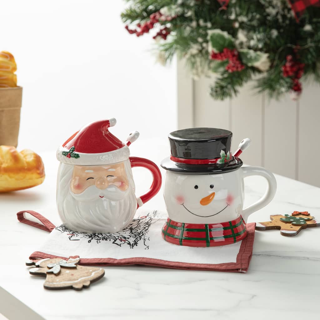 Glitzhome Christmas Dolomite Santa Snowman Tree Mug with Lid and Spoon Perfect for Coffee and Tea