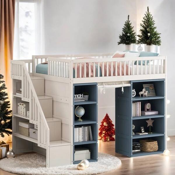 slide 2 of 11, Full Size Loft Bed with 2 Four-layer Storage Cabinets and Curtain, White+Blue Blue