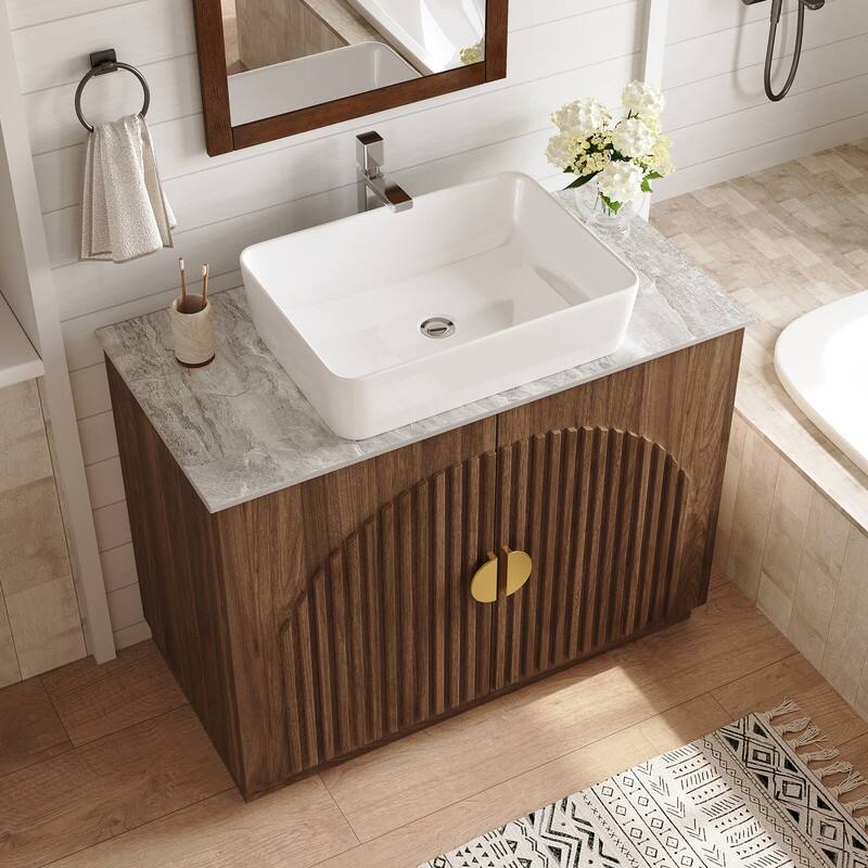 36" Mid - Century Modern Bathroom Vanity With Single Sink Grille Door & Gold Accents