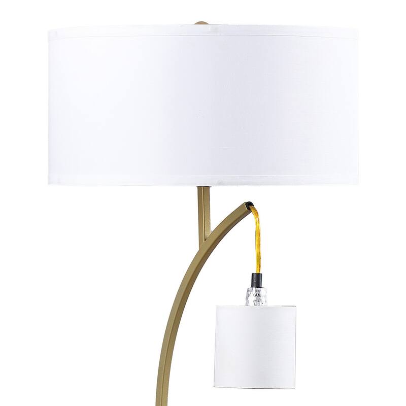 Jiya 29 Inch Arc Table Lamp, Hanging Design, 2 White Drum Shades, Gold
