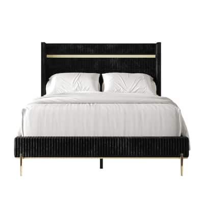 CraftPorch Corduroy 4-pieces Glam Black Bed with Black Furniture Bedroom Set