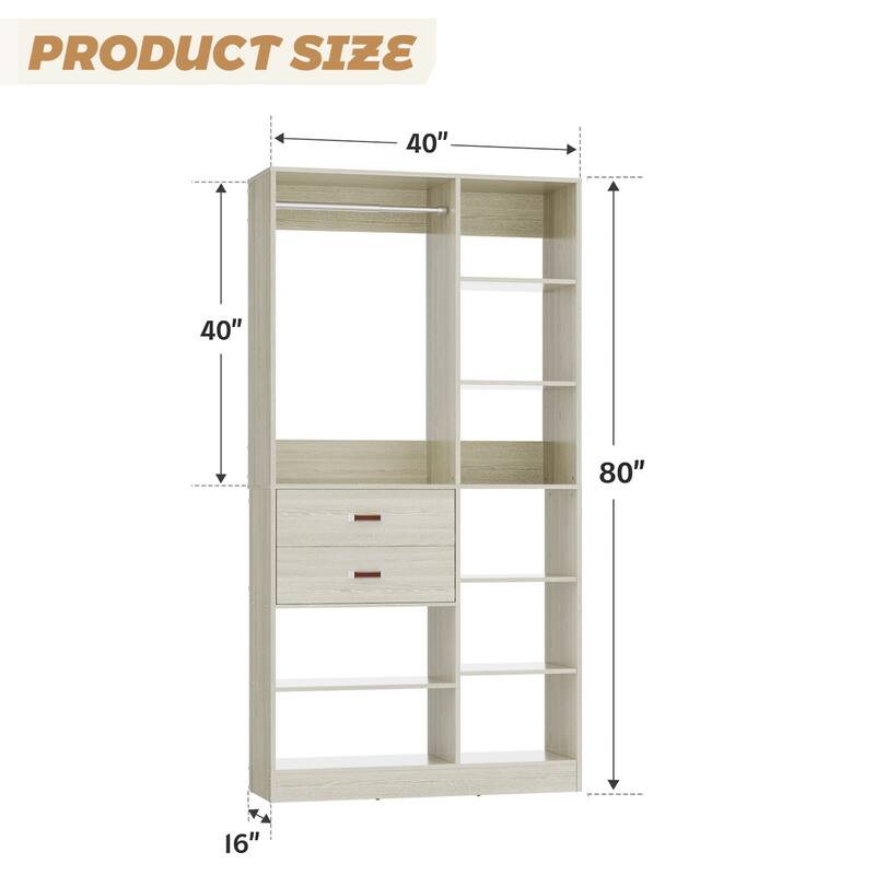 40'' Large Closet System with 10 Shelves and 2 Drawers, Freestanding Closet Organizer with Hanging Rods