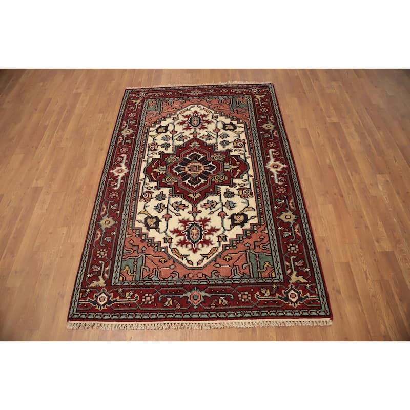 Hand Knotted Oriental 100% Wool Carpet Traditional Medallion Beige & Ivories Heriz (serapi) Area Rug - 5' 10'' X 4' 0''