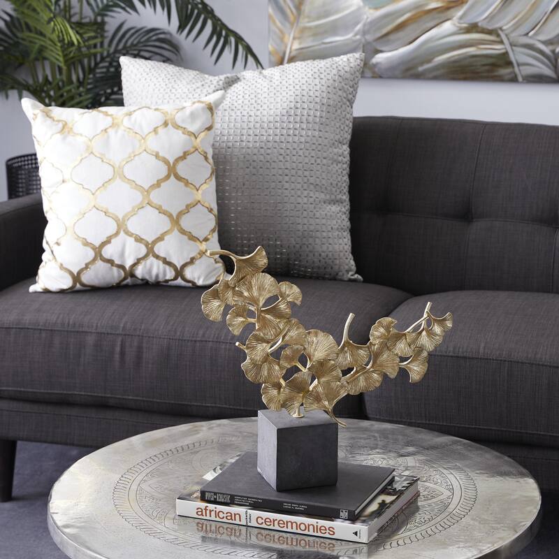 Polystone Floral Handmade Decorative Sculpture with Black Block Base - Gold - CosmoLiving by Cosmopolitan