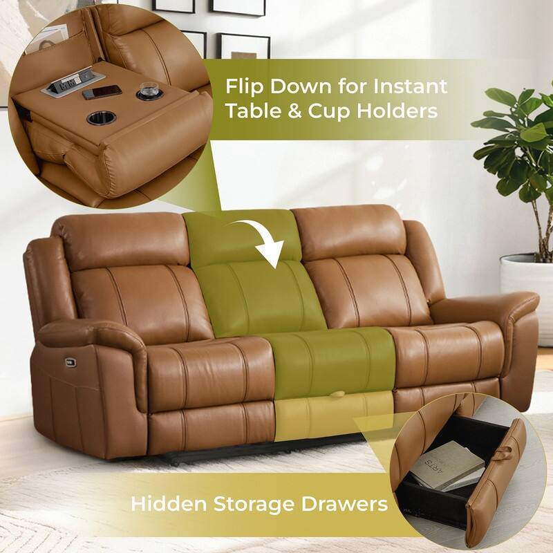 Spruce & Spring Genuine Leather Power Reclining Sofa with Optional Console & Flip-Down Table