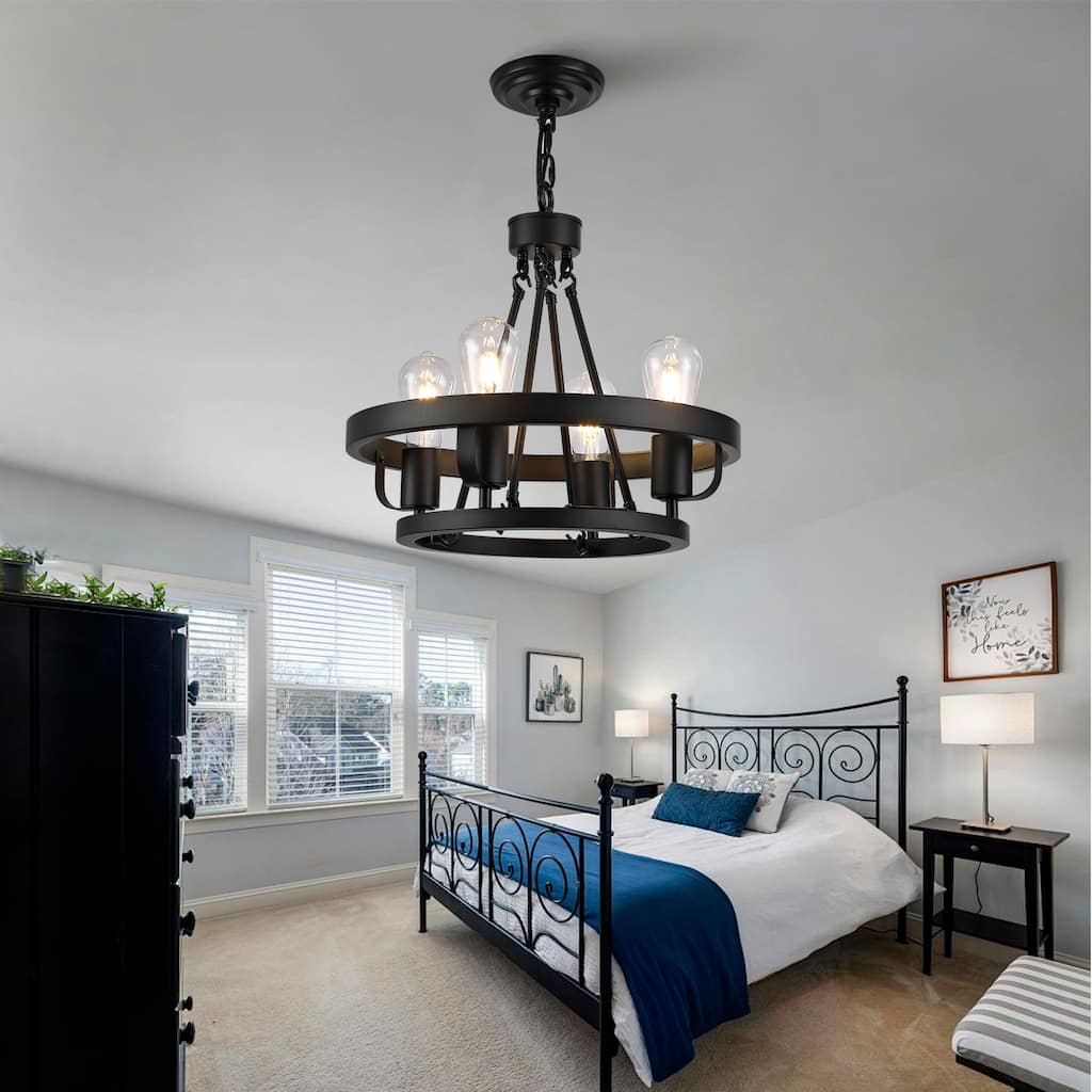 Four-Light Plug-In Pendant Lamp, Carriage Wheel Design, Circular Metal Pendant With 39.5-Foot Chain, For Bedrooms Dining Rooms