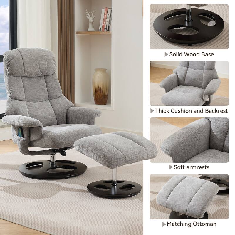Recliner Chair with Ottoman, 360° Swivel Lounge Chair with Footstool, Chenille Fabric, Seat Heating & 140° Adjustable Backrest