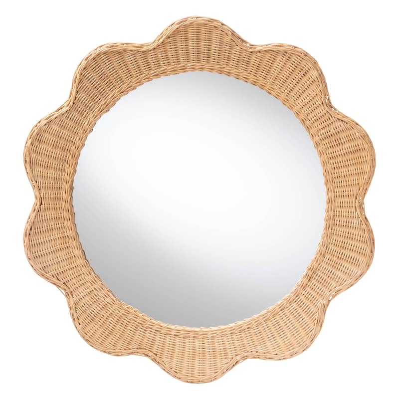 Makoto Scalloped Natural Rattan Wall Mirror - Handwoven Wicker Oval Frame, Boho Coastal Accent Decor for Entryway or Bedroom