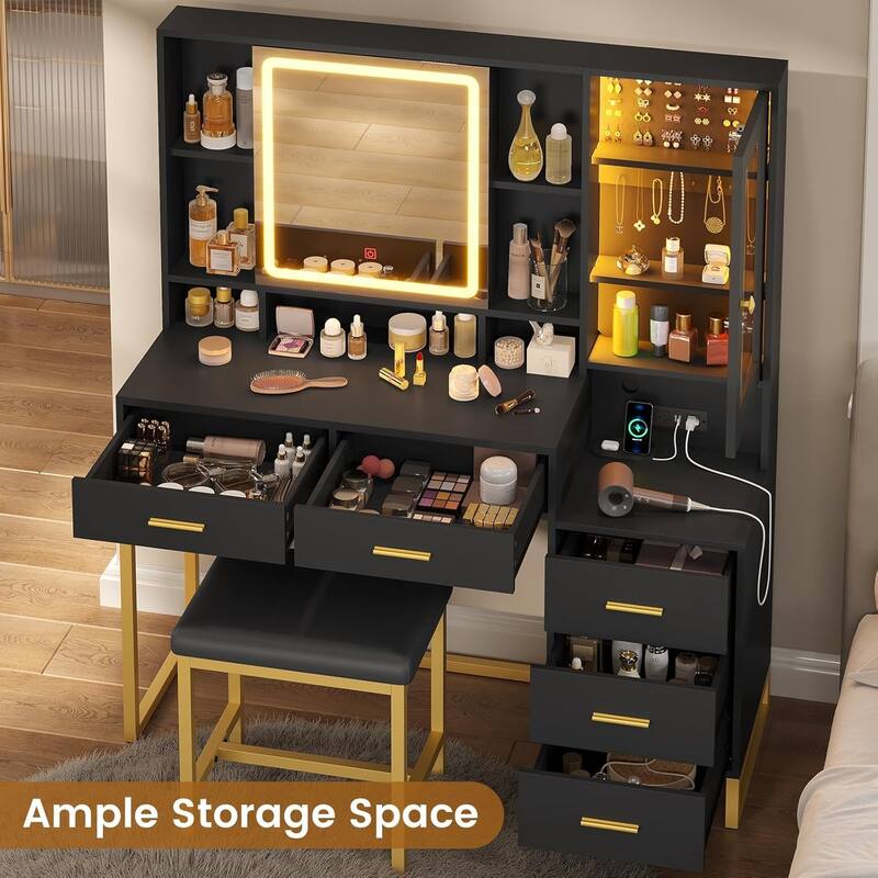 Makeup Vanity with Stool Charging Station Jewelry Storage RGB Lights 5 Drawers Shelves